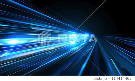 Dynamic Blue Light Streaks Speeding Through Darkness. Abstract Tech Background Conceptualizing Motion and Speed. Vibrant Digital Artwork with Futuristic Feel. AI 114414463