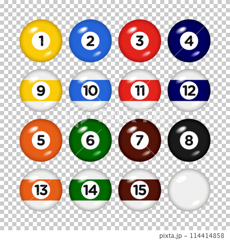 Billiard, pool balls with numbers collection. 3d objects Realistic glossy snooker ball. transparent background. Vector illustration 114414858