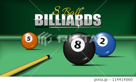 Billiard pool balls game home screen. with numbers eight, 3d objects two and five. Realistic glossy snooker ball 114414860