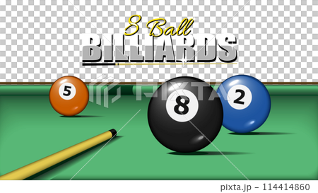 Billiard pool balls game home screen. with numbers eight, 3d objects two and five. Realistic glossy snooker ball 114414860