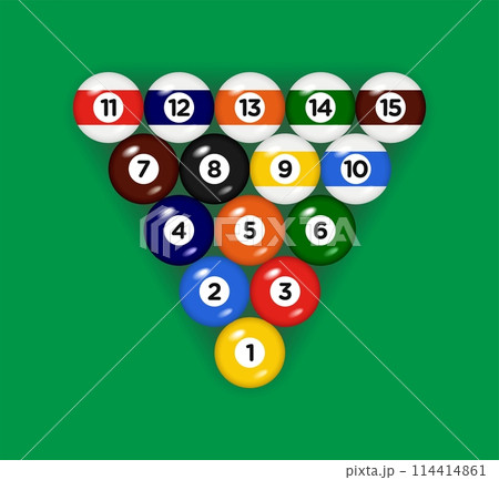 Billiard, pool balls with numbers collection. 3d objects Realistic glossy snooker ball. Green background. Vector illustration 114414861
