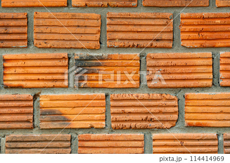 Closeup view of old grunge red brick wall background. 114414969