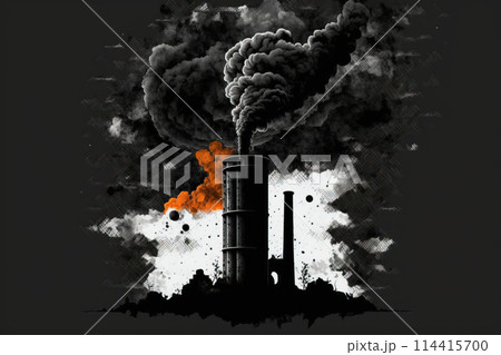 Ecology pollution, smoke from pipe on black background, graphic colored isolate. AI generated. 114415700