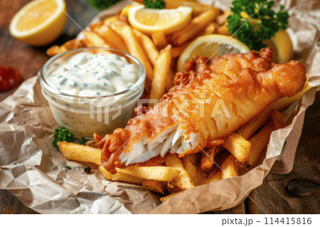 British Traditional Fish and chips with tartar sauce on crumpled paper. Ai generative 114415816