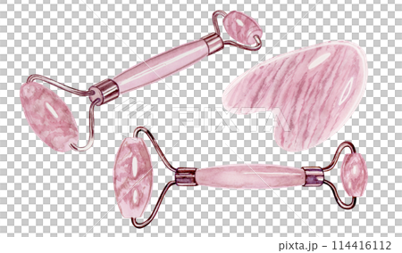 Gua sha set marble pink shiny skin care tools hand drawn watercolor illustration 114416112