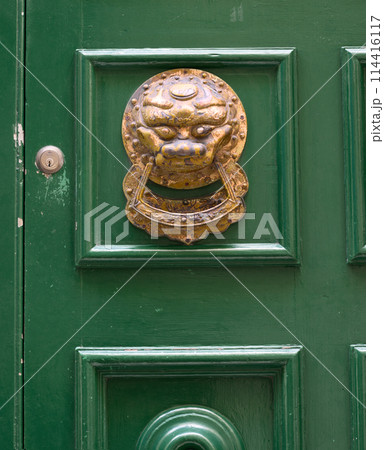Antique Lion Head Door Knocker on Green Door 114416117