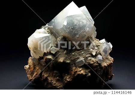 Aphthitalite is a rare precious natural stone on a black background. AI generated. Header banner mockup with space. 114416146