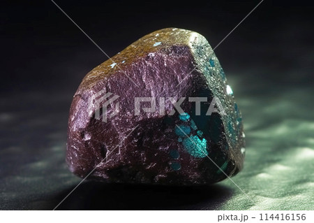 Bornite is a rare precious natural stone on a black background. AI generated. Header banner mockup with space. 114416156