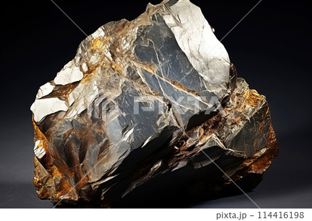 Yttrocolumbite is a rare precious natural stone on a black background. AI generated. Yttrocolumbite is a rare precious natural stone on a black background. AI generated. 114416198