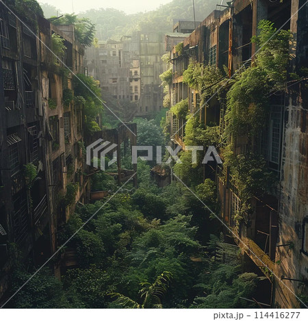 An abandoned city overgrown with jungle 114416277