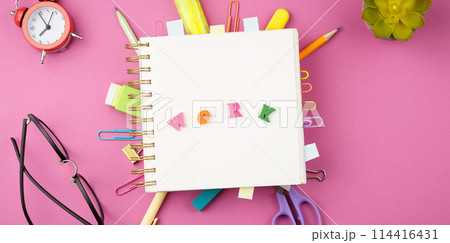 Spiral notepad with stationery. Flat lay Spiral notepad with stationery. Flat lay 114416431