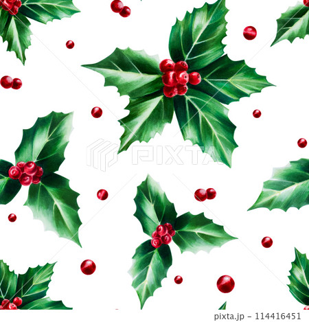 Holly berry seamless pattern. New year botanical december watercolor symbol illustration isolated on background. For designers, decoration, shop, for postcards, wrapping paper, covers. For posters and 114416451