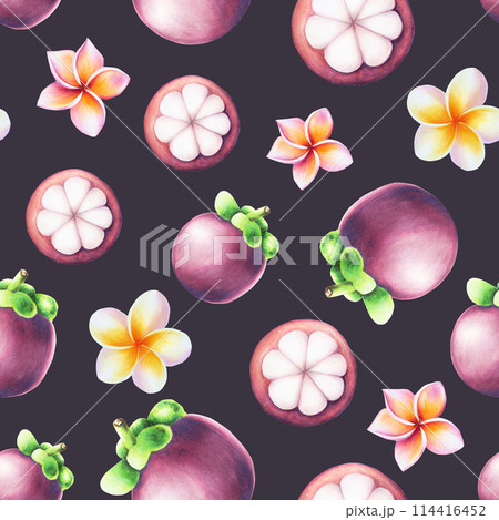 Purple mangosteen and plumeria flowers seamless pattern. Tropical watercolor fruit, flower illustration isolated on background. For designers, spa decoration, postcards, wedding, greetings, 114416452