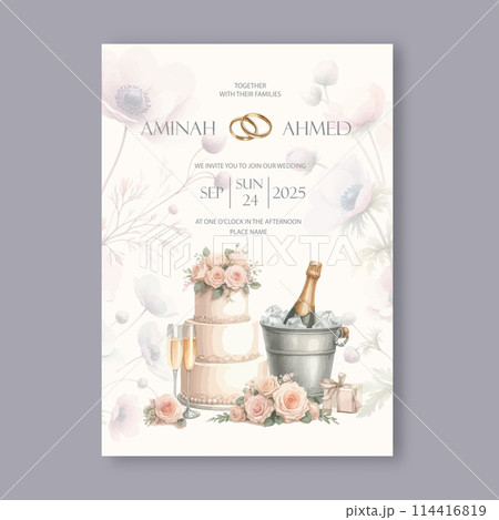 Watercolor wedding invitation with ice bucket, champagne and wedding cake. Watercolor wedding invitation with ice bucket, champagne and wedding cake. 114416819
