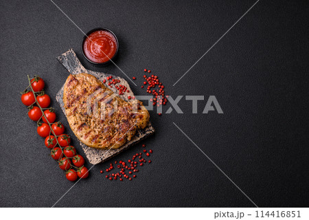 Delicious juicy pork steak with salt, spices and herbs 114416851