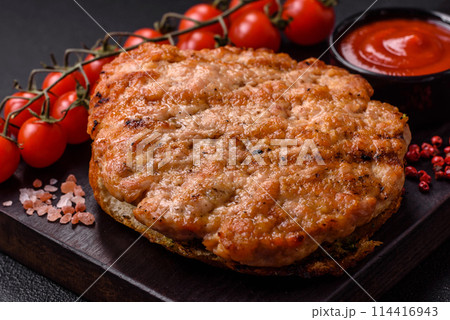 Delicious juicy turkey or chicken steak with salt, spices and herbs Delicious juicy turkey or chicken steak with salt, spices and herbs 114416943