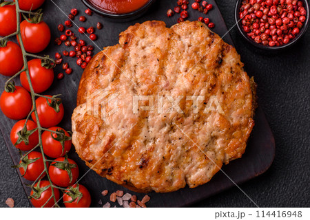 Delicious juicy turkey or chicken steak with salt, spices and herbs Delicious juicy turkey or chicken steak with salt, spices and herbs 114416948