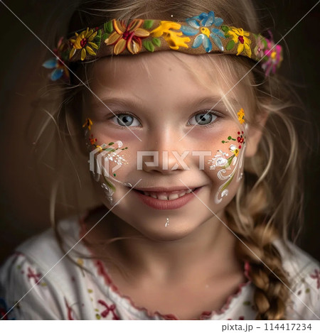 Little Slavic girl with blond hair with a wide smile with a gap in her teeth with face painting Little Slavic girl with blond hair with a wide smile with a gap in her teeth with face painting 114417234
