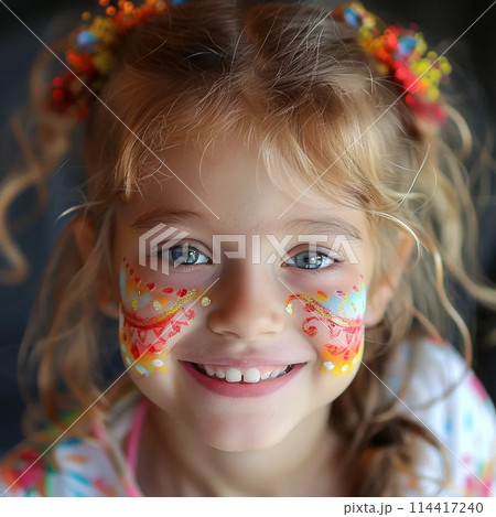 Little Slavic girl with blond hair with a wide smile with a gap in her teeth with face painting Little Slavic girl with blond hair with a wide smile with a gap in her teeth with face painting 114417240