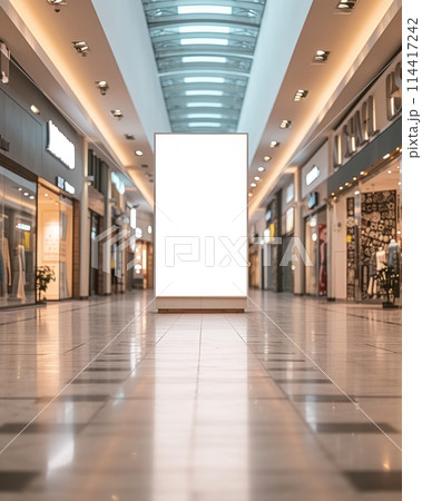 Vertical blank white advertising billboard on the floor in passage shopping mall, banner for advertisement and information Vertical blank white advertising billboard on the floor in passage shopping mall, banner for advertisement and information 114417242