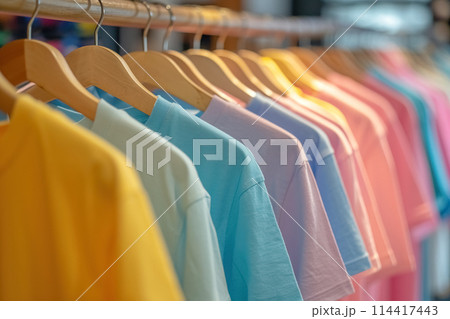 Row of colored T-shirts in pastel tones in clothing rack in store, selling variety of stylish, fashionable casual clothes hanging on display 114417443