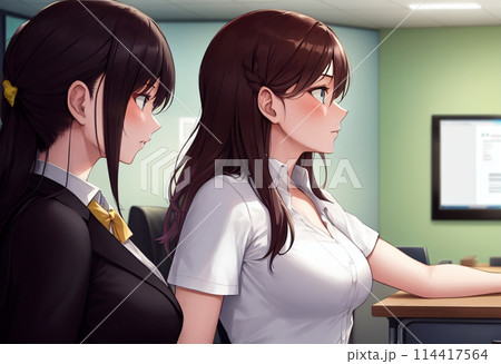 内緒で付き合っている憧れの先輩と一緒に仕事ができて内心喜びながら、尊敬の眼差しで見つめる女性会社員 114417564