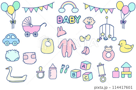 かわいい手描きのベビー用品イラストのセット かわいい手描きのベビー用品イラストのセット 114417601