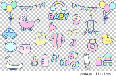 Set of cute hand drawn baby product illustrations 114417601