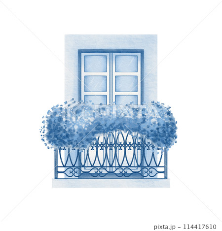 Balcony door with wooden frames,openwork metal fence,wooden railing with potted flowers as an element of medieval house facade of old European town in monochrome colors.For stickers,postcards,patterns 114417610