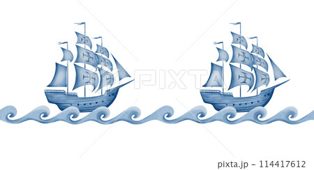 An old sailing ship on stylized waves seamless border,simple silhouette in blue and white colors.Illustration in watercolor style for printing, stickers, borders, wallpaper, websites, ceramic tiles. An old sailing ship on stylized waves seamless border,simple silhouette in blue and white colors.Illustration in watercolor style for printing, stickers, borders, wallpaper, websites, ceramic tiles. 114417612