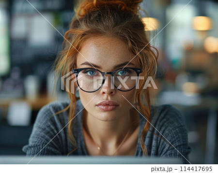 A woman wearing glasses is focused on the computer screen in front of her, attentively studying the information displayed. A woman wearing glasses is focused on the computer screen in front of her, attentively studying the information displayed. 114417695