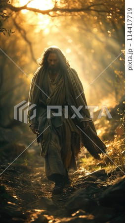Religious figure Jesus walking through dense woods in bright sunlight. 114417719