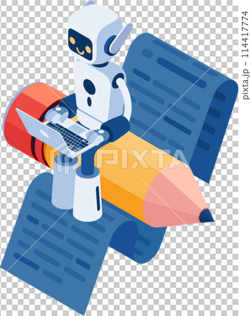 Isometric Ai Robot Sitting on Pencil and Write Article 114417774