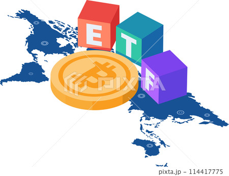 Isometric Bitcoin ETF on World Map Isometric Bitcoin ETF on World Map 114417775