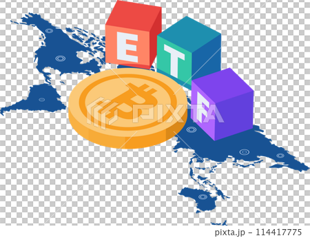 Isometric Bitcoin ETF on World Map Isometric Bitcoin ETF on World Map 114417775