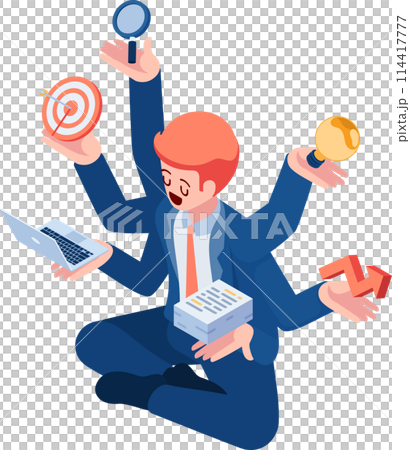Isometric Businessman Doing Many Tasks at The Same Time Isometric Businessman Doing Many Tasks at The Same Time 114417777