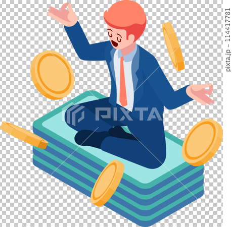 Isometric Businessman Meditating on Pile of Money and Coin 114417781