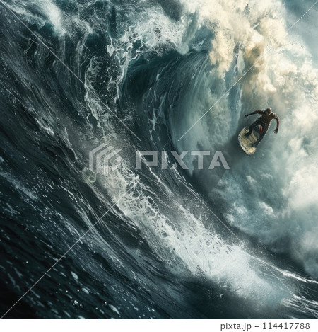 A man skillfully rides a wave atop a surfboard with expert balance and control. A man skillfully rides a wave atop a surfboard with expert balance and control. 114417788