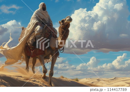 A man confidently riding a camel through the expansive desert landscape. A man confidently riding a camel through the expansive desert landscape. 114417789