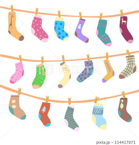 Socks of different shapes and colors hang on ropes with clothespins after washing. Vector illustration socks and knee socks with drawings and patterns on fabric. Funny bright images with no background Socks of different shapes and colors hang on ropes with clothespins after washing. Vector illustration socks and knee socks with drawings and patterns on fabric. Funny bright images with no background 114417871