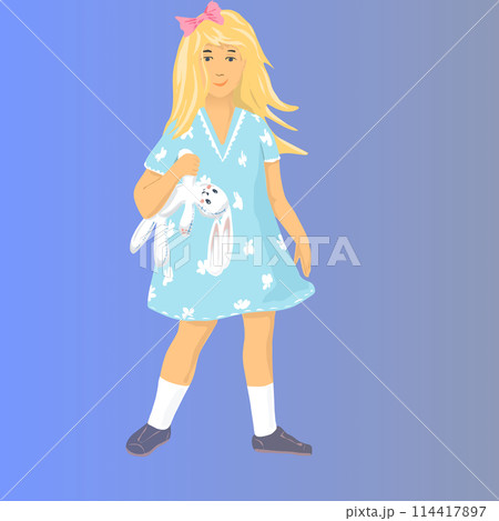 Beautiful little girl in summer blue dress with toy in hands. Vector illustration of a nine-year-old blonde girl in a dress with flowers and a bow on her head. Summer style of children's clothing Beautiful little girl in summer blue dress with toy in hands. Vector illustration of a nine-year-old blonde girl in a dress with flowers and a bow on her head. Summer style of children's clothing 114417897