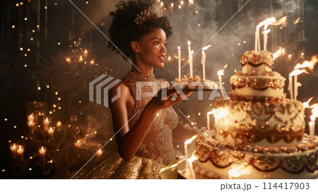 A woman stands in front of a cake with lit candles, celebrating a special occasion. 114417903