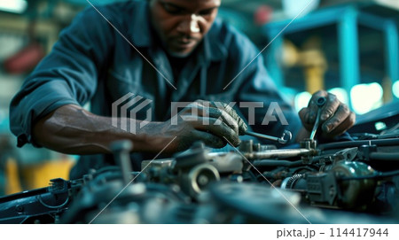 A man is seen working on a car engine in a garage, fixing and maintaining the vehicle. 114417944