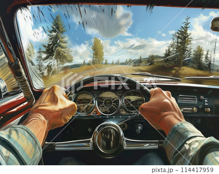 A man drives a car on a scenic country road, surrounded by fields and trees. 114417959