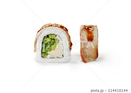 Closeup of Philadelphia eel sushi roll on white background Closeup of Philadelphia eel sushi roll on white background 114418144
