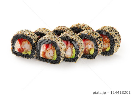 Black rice sushi roll with tempura shrimp on white 114418201