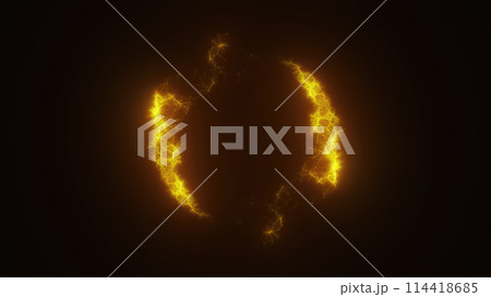 Yellow swirling circle frame of multicolored lines of  energy particles. Abstract background 114418685