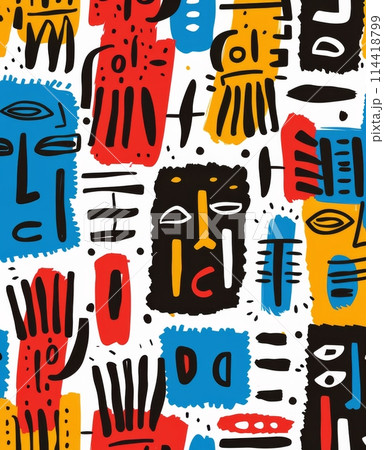 Black and White Painting With Red and Orange Designs 114418799