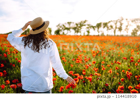 Young girl in hat posing in the poppy field. Portrait of curly girl walking in poppy field at sunset. 114418910