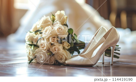 Bouquet of Flowers Next to White Shoes 114419190